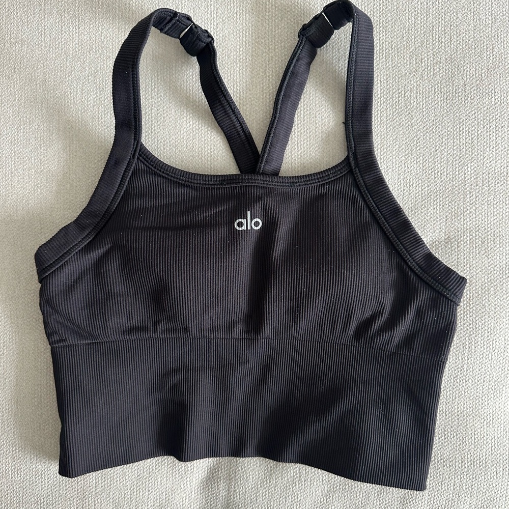 ALO yoga black seamless ribbed favorite bra tank size small